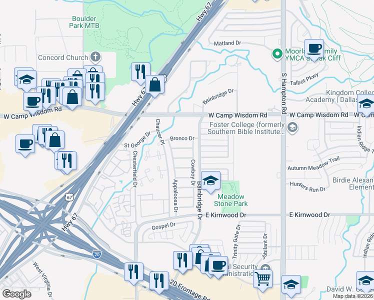 map of restaurants, bars, coffee shops, grocery stores, and more near 2830 Traildust Dr in Dallas