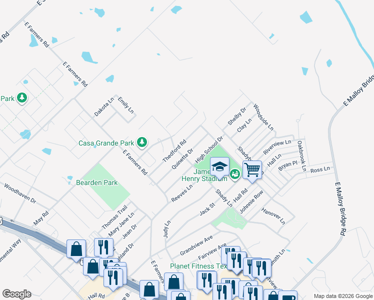 map of restaurants, bars, coffee shops, grocery stores, and more near 805 Quinette Drive in Seagoville