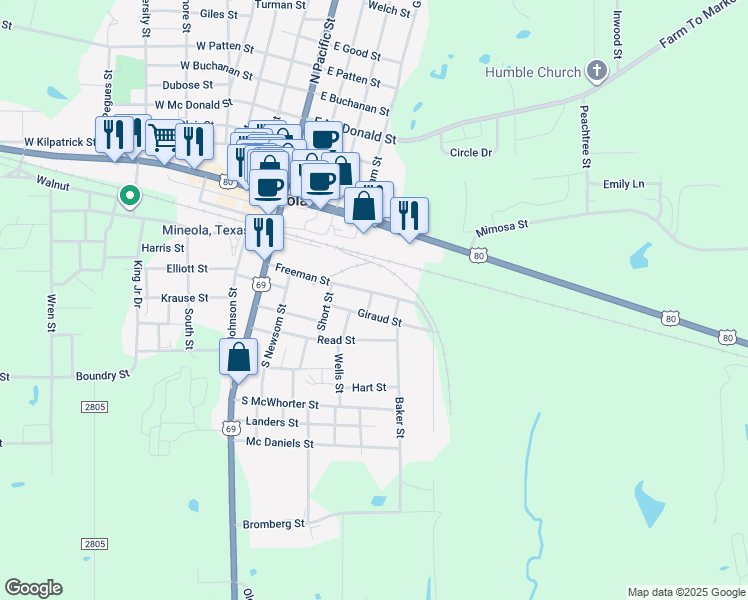 map of restaurants, bars, coffee shops, grocery stores, and more near 508 Freeman Street in Mineola