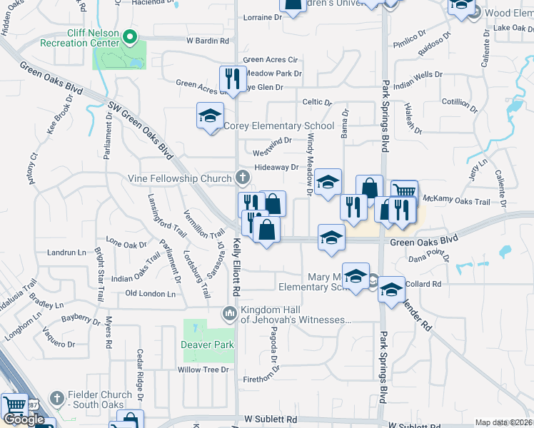 map of restaurants, bars, coffee shops, grocery stores, and more near 4105 Southwest Green Oaks Boulevard in Arlington