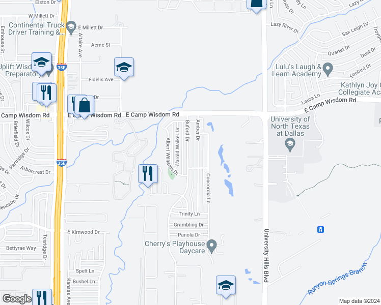map of restaurants, bars, coffee shops, grocery stores, and more near 7312 Buford Drive in Dallas