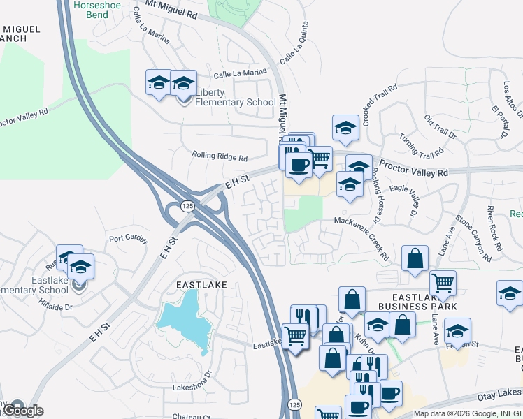 map of restaurants, bars, coffee shops, grocery stores, and more near 2259 Lago Ventana in Chula Vista