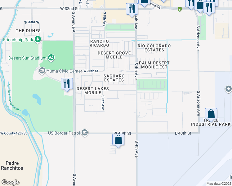 map of restaurants, bars, coffee shops, grocery stores, and more near 615 West 37th Street in Yuma