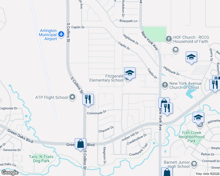 map of restaurants, bars, coffee shops, grocery stores, and more near 1518 Carlsbad Drive in Arlington