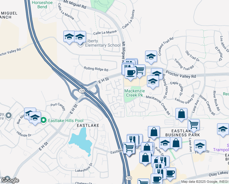 map of restaurants, bars, coffee shops, grocery stores, and more near 2263 Lago Madero in Chula Vista