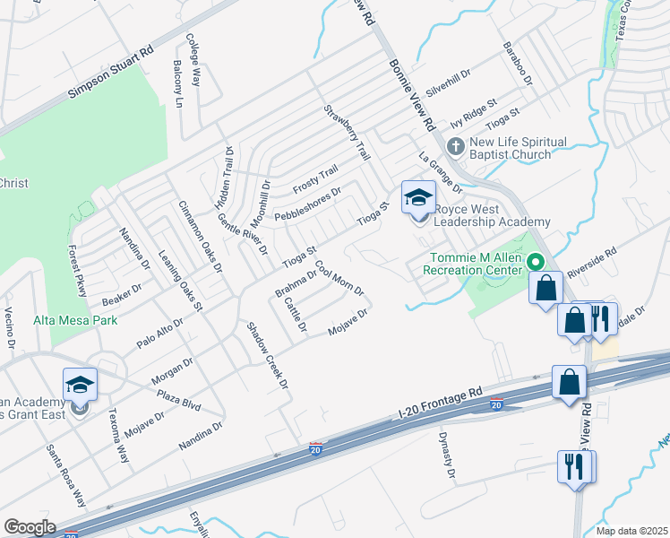 map of restaurants, bars, coffee shops, grocery stores, and more near 6634 Cool Morn Drive in Dallas