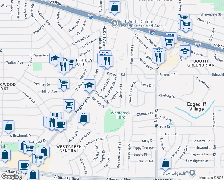 map of restaurants, bars, coffee shops, grocery stores, and more near 5908 Peggy Drive in Fort Worth