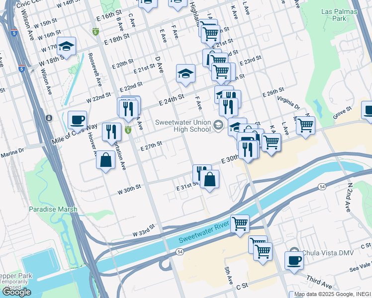 map of restaurants, bars, coffee shops, grocery stores, and more near 2804 D Avenue in National City
