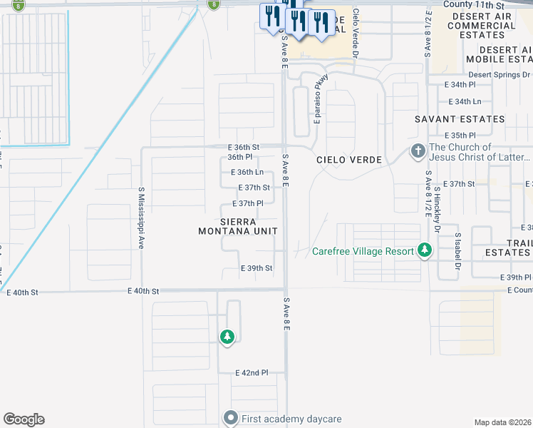 map of restaurants, bars, coffee shops, grocery stores, and more near 7954 East 38th Street in Yuma