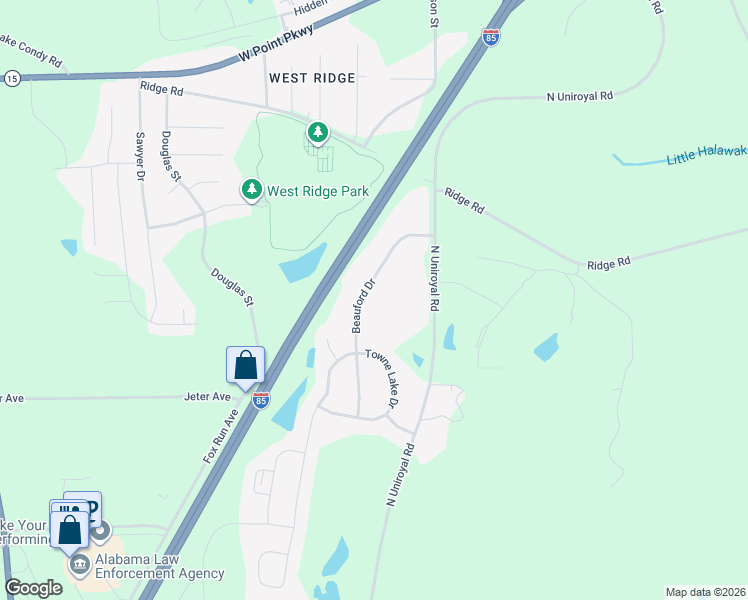 map of restaurants, bars, coffee shops, grocery stores, and more near 1017-1199 Beauford Drive in Opelika