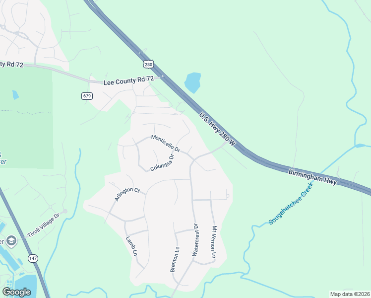 map of restaurants, bars, coffee shops, grocery stores, and more near Monticello Dr in Auburn