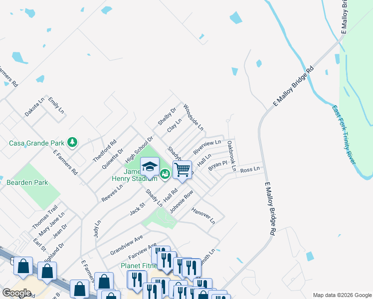 map of restaurants, bars, coffee shops, grocery stores, and more near 1301 Riverview Lane in Seagoville