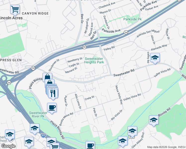 map of restaurants, bars, coffee shops, grocery stores, and more near 3612 Fairlomas Road in National City