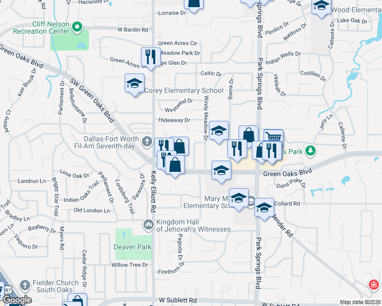 map of restaurants, bars, coffee shops, grocery stores, and more near 4105 Southwest Green Oaks Boulevard in Arlington