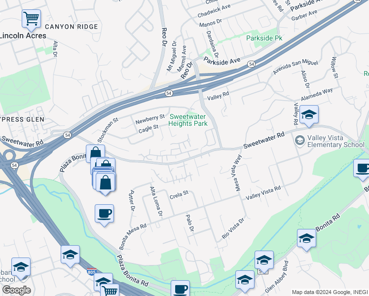 map of restaurants, bars, coffee shops, grocery stores, and more near 3614 Fairlomas Road in National City