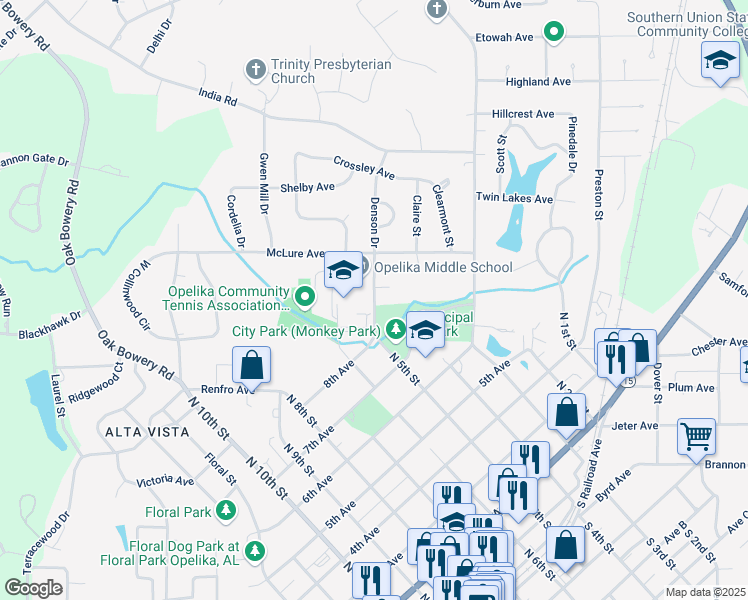 map of restaurants, bars, coffee shops, grocery stores, and more near 1206 Denson Drive in Opelika