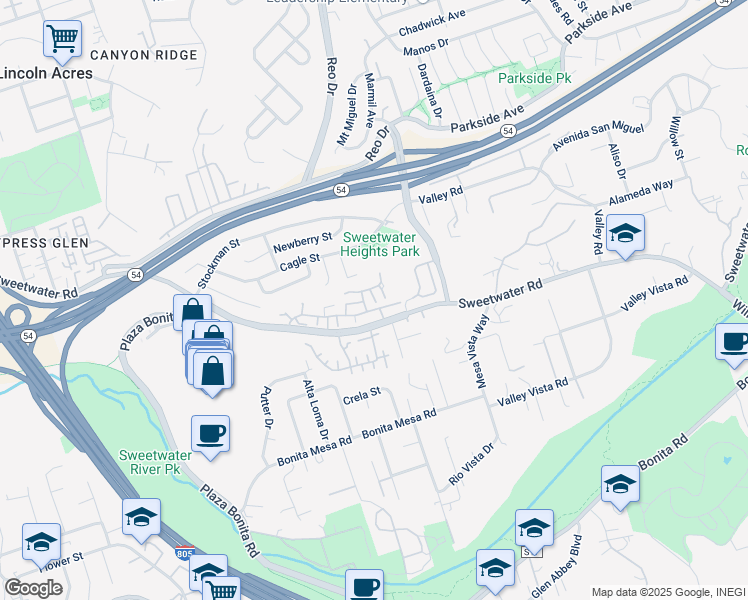 map of restaurants, bars, coffee shops, grocery stores, and more near 3813 Willows Way in National City