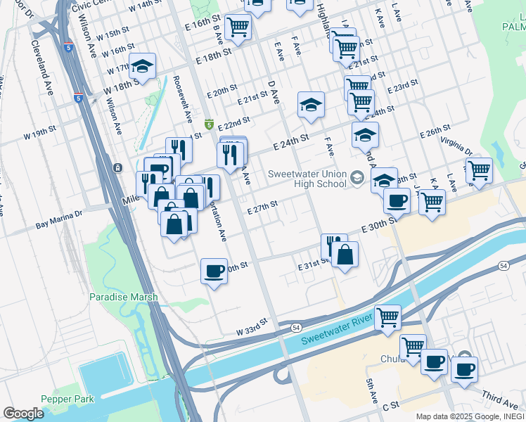 map of restaurants, bars, coffee shops, grocery stores, and more near in Lincoln Acres