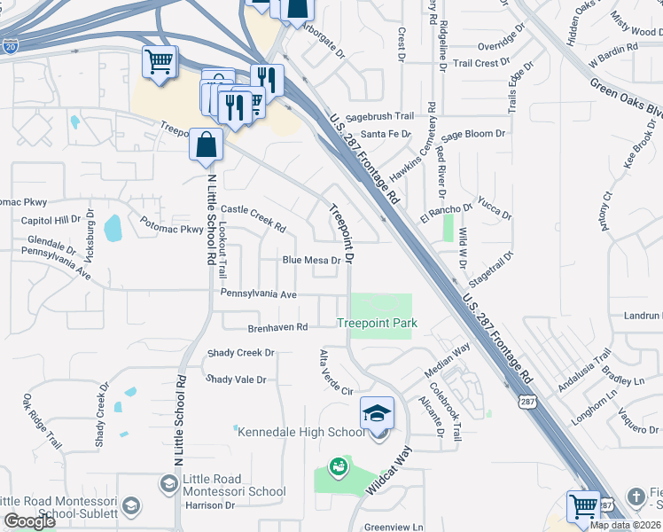 map of restaurants, bars, coffee shops, grocery stores, and more near 5417 Crested Butte Circle in Arlington