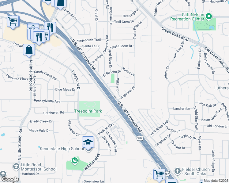 map of restaurants, bars, coffee shops, grocery stores, and more near 5412 Wild West Drive in Arlington