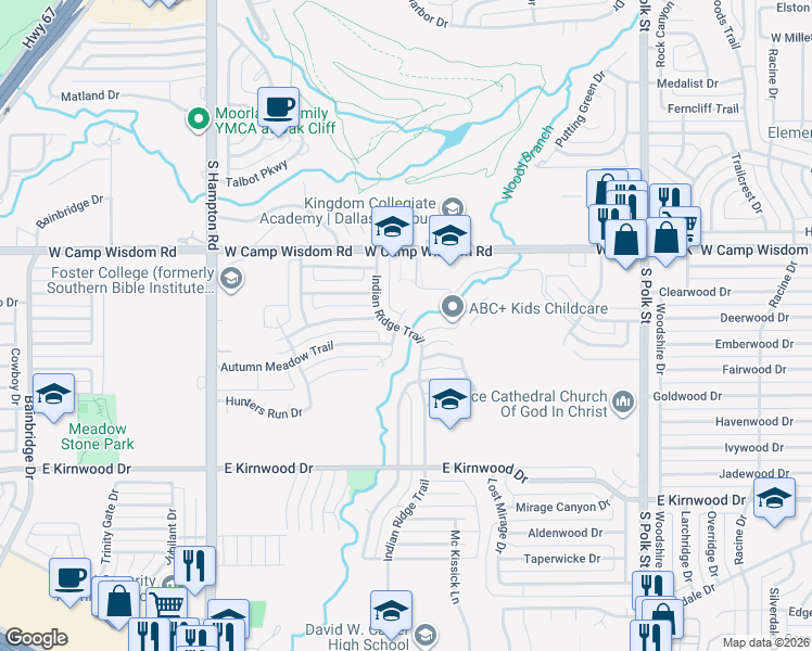 map of restaurants, bars, coffee shops, grocery stores, and more near 1655 Oak Glen Trail in Dallas