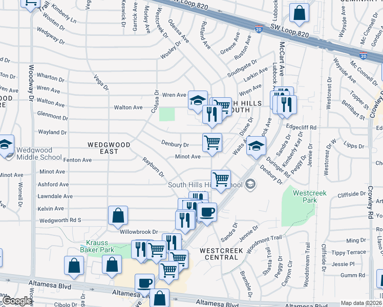 map of restaurants, bars, coffee shops, grocery stores, and more near 3304 Minot Avenue in Fort Worth
