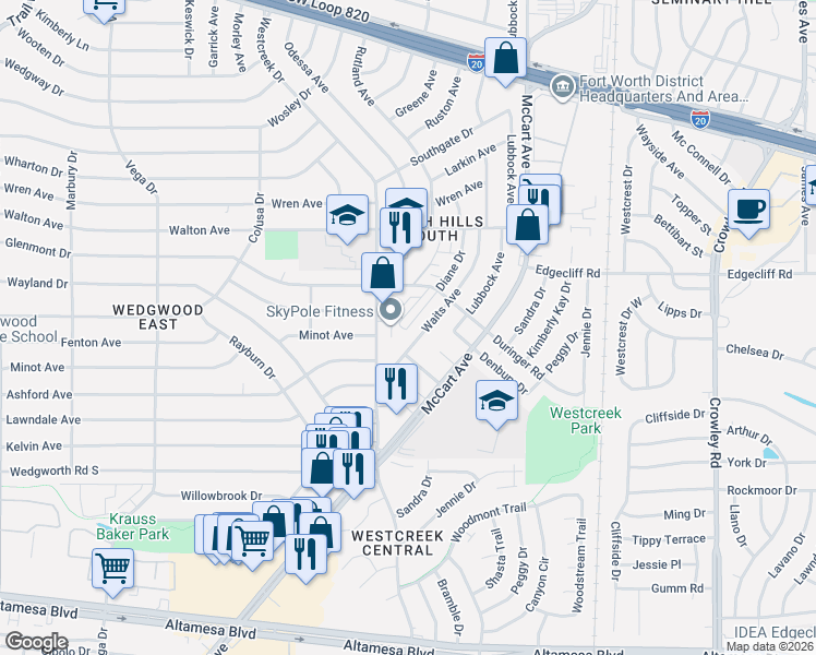 map of restaurants, bars, coffee shops, grocery stores, and more near 5962 Westcreek Street South in Fort Worth