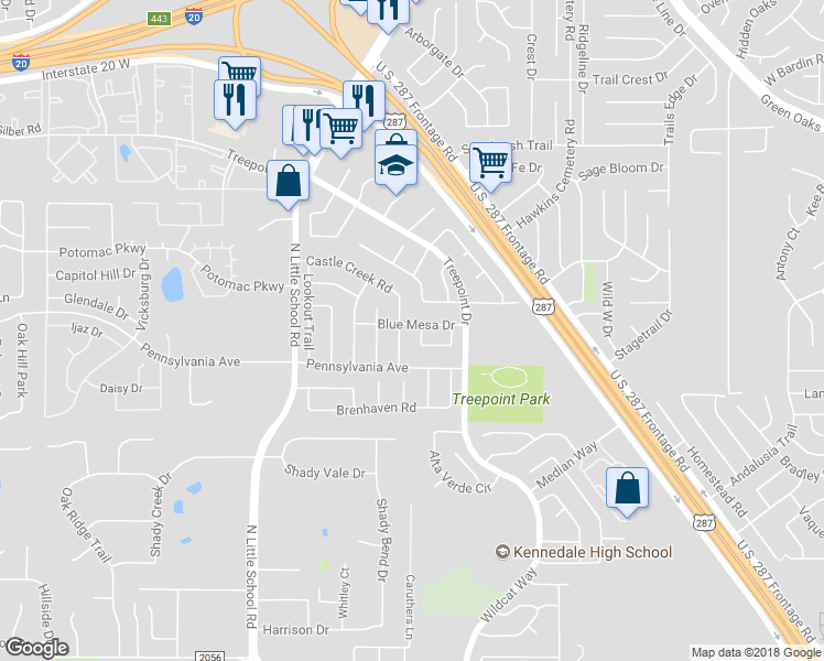 map of restaurants, bars, coffee shops, grocery stores, and more near 6008 Castle Creek Circle in Arlington