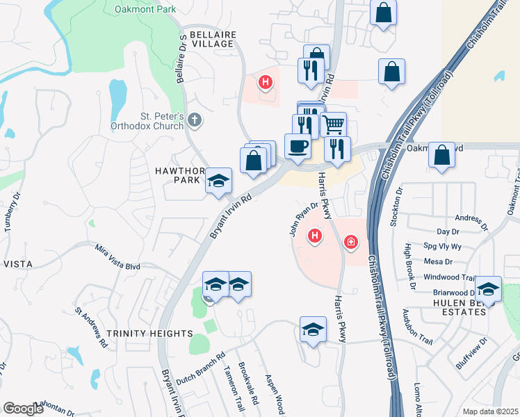 map of restaurants, bars, coffee shops, grocery stores, and more near 6151 Bryant Irvin Road in Fort Worth