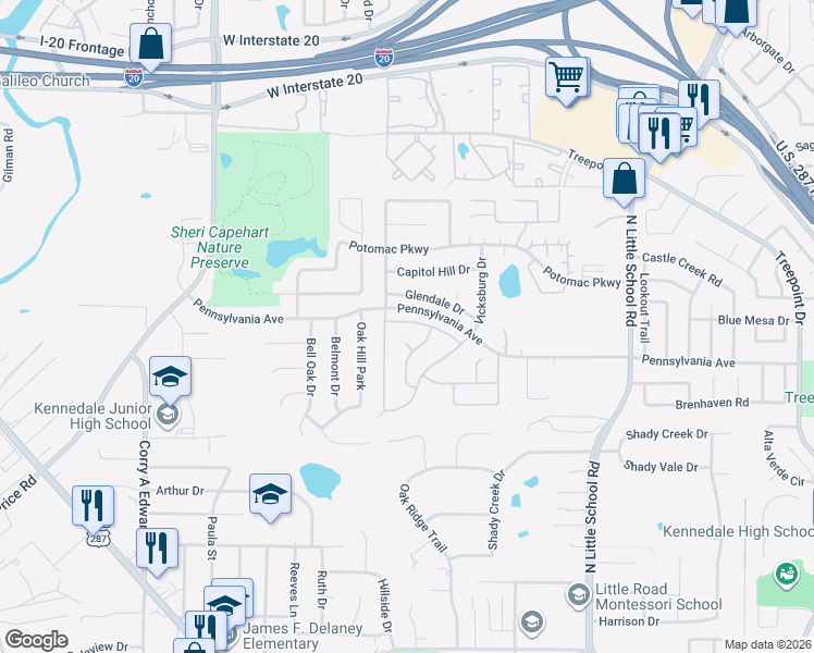 map of restaurants, bars, coffee shops, grocery stores, and more near 6706 Ijaz Drive in Arlington
