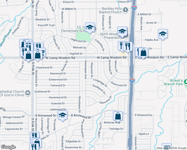 map of restaurants, bars, coffee shops, grocery stores, and more near 7310 Waycrest Drive in Dallas