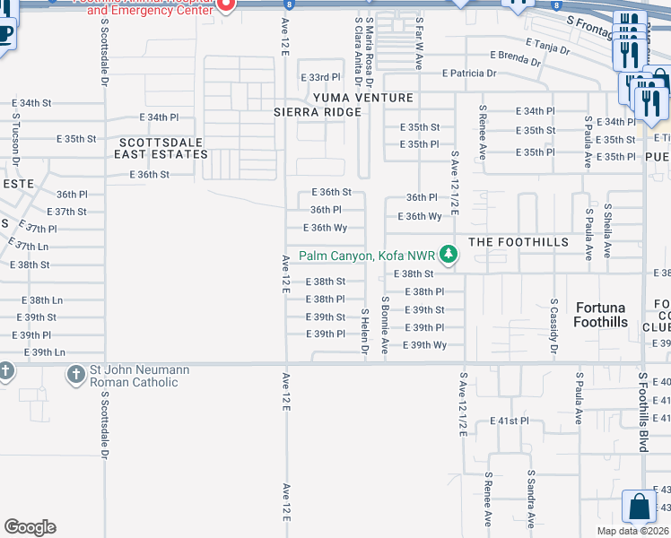 map of restaurants, bars, coffee shops, grocery stores, and more near 12222 East 38th Street in Yuma