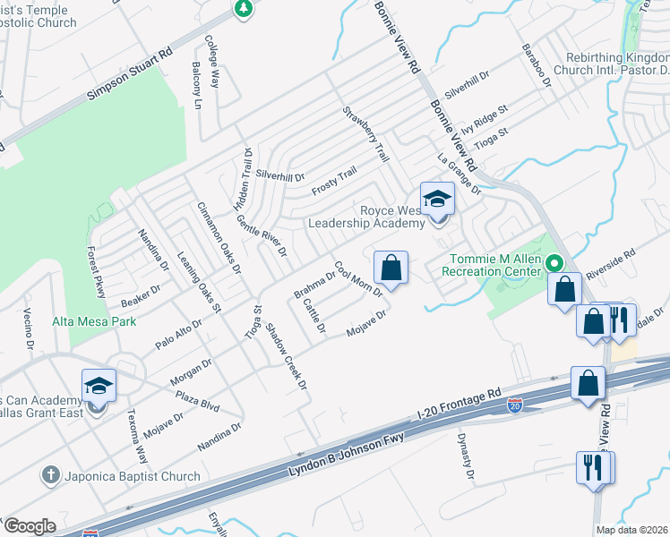 map of restaurants, bars, coffee shops, grocery stores, and more near 3467 Brahma Drive in Dallas