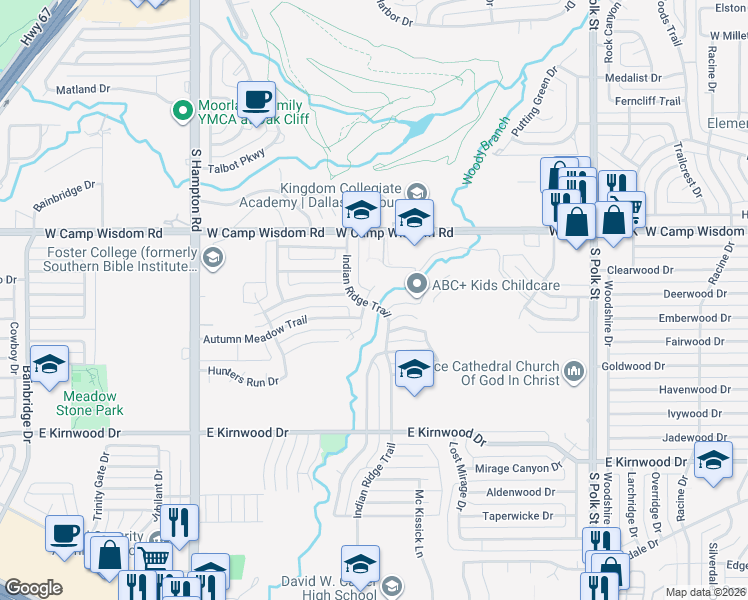map of restaurants, bars, coffee shops, grocery stores, and more near 1655 Oak Glen Trail in Dallas