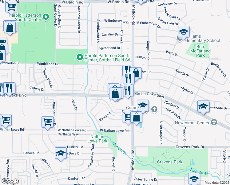 map of restaurants, bars, coffee shops, grocery stores, and more near 812 Cornfield Drive in Arlington
