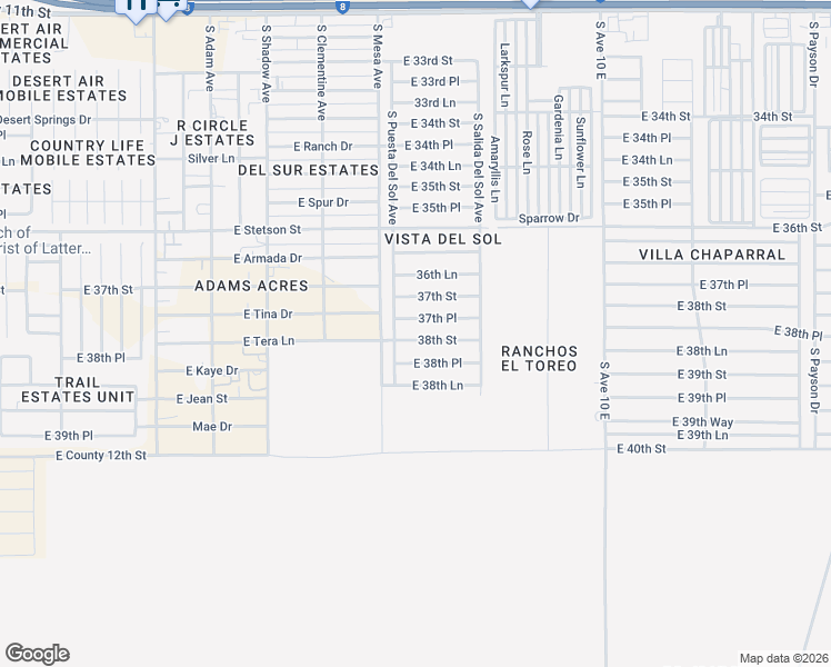 map of restaurants, bars, coffee shops, grocery stores, and more near 9584 38th Street in Yuma