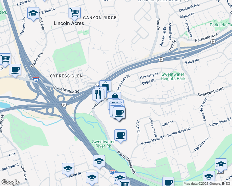 map of restaurants, bars, coffee shops, grocery stores, and more near Sweetwater Rd & Plaza Bonita Rd in National City