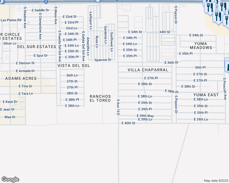 map of restaurants, bars, coffee shops, grocery stores, and more near 11250 South Avenue 10 East in Yuma