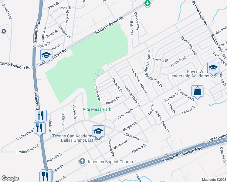 map of restaurants, bars, coffee shops, grocery stores, and more near 3021 Flask Drive in Dallas