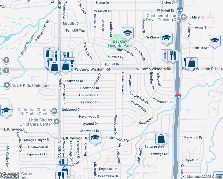 map of restaurants, bars, coffee shops, grocery stores, and more near 716 Deerwood Drive in Dallas