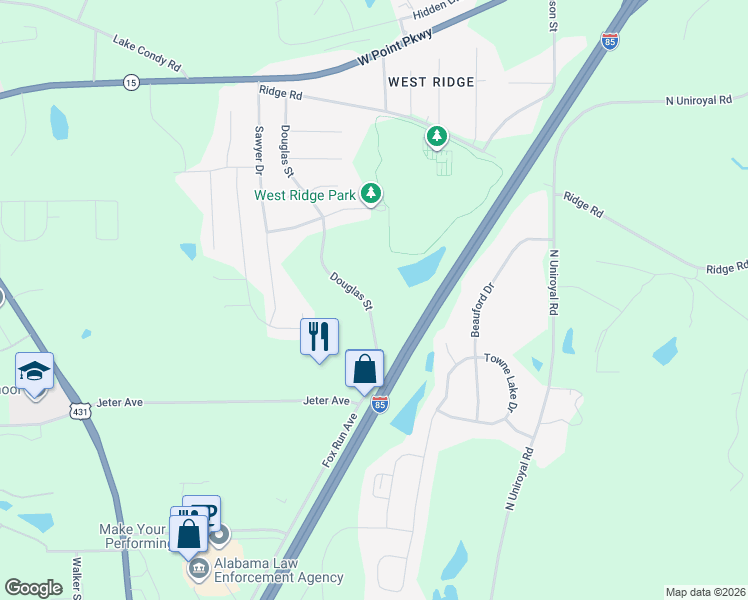 map of restaurants, bars, coffee shops, grocery stores, and more near Douglas Street in Opelika