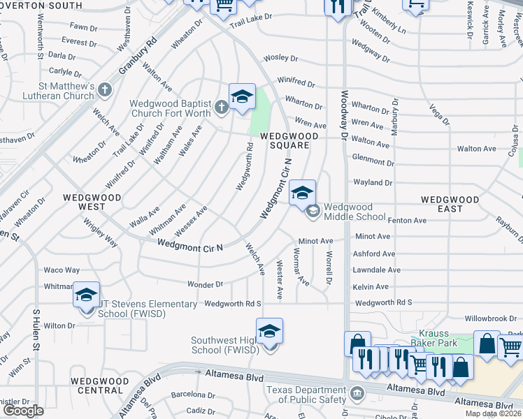 map of restaurants, bars, coffee shops, grocery stores, and more near 5709 Wedgmont Circle North in Fort Worth