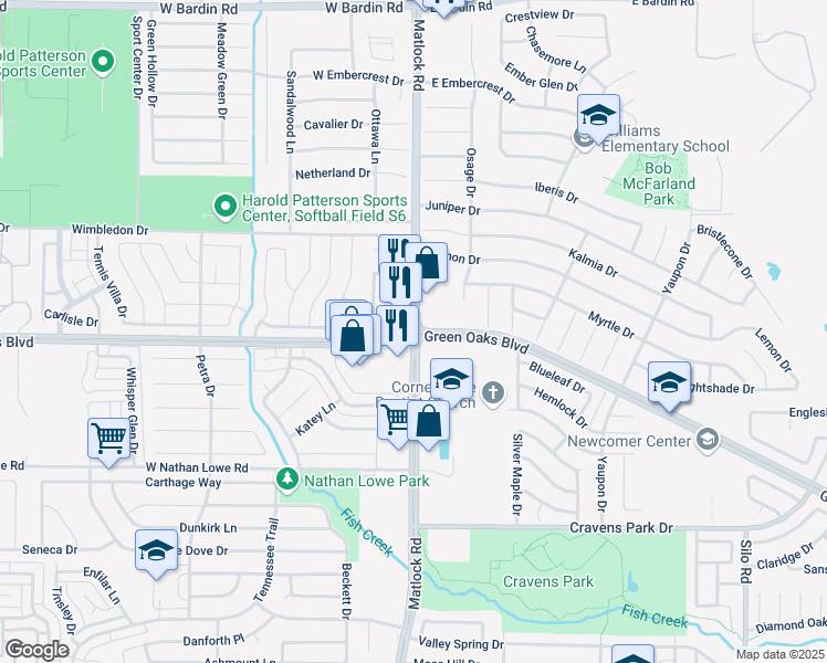 map of restaurants, bars, coffee shops, grocery stores, and more near Matlock Rd & SE Green Oaks Blvd in Arlington
