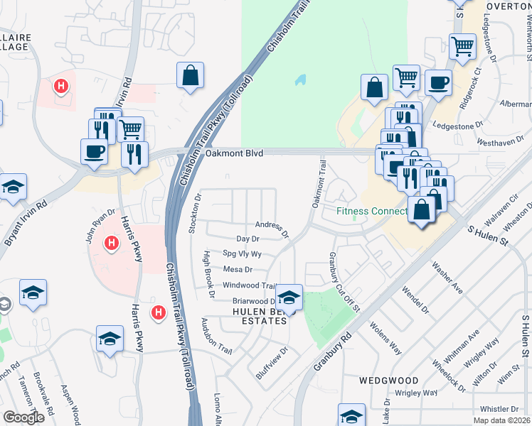 map of restaurants, bars, coffee shops, grocery stores, and more near 6221 Bowin Drive in Fort Worth