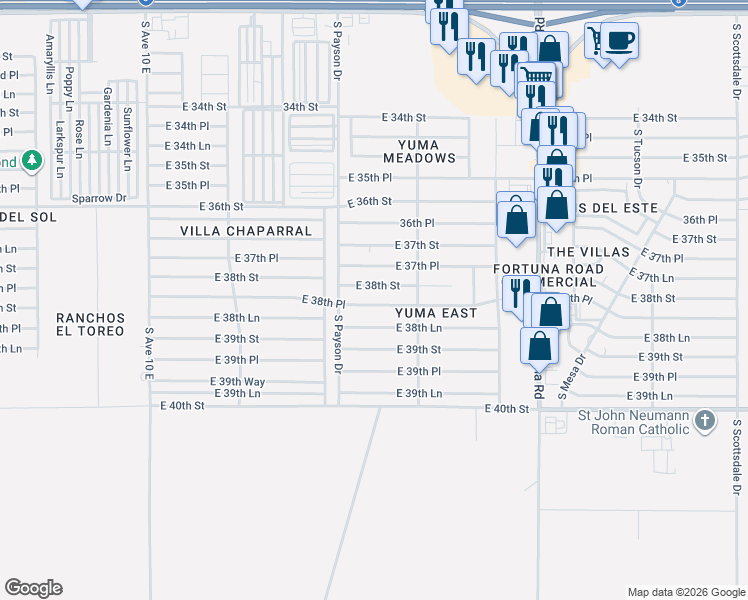 map of restaurants, bars, coffee shops, grocery stores, and more near 10522 East 38th Place in Yuma