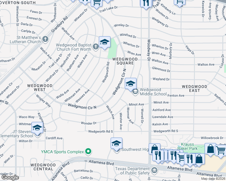 map of restaurants, bars, coffee shops, grocery stores, and more near 5709 Wedgmont Circle North in Fort Worth