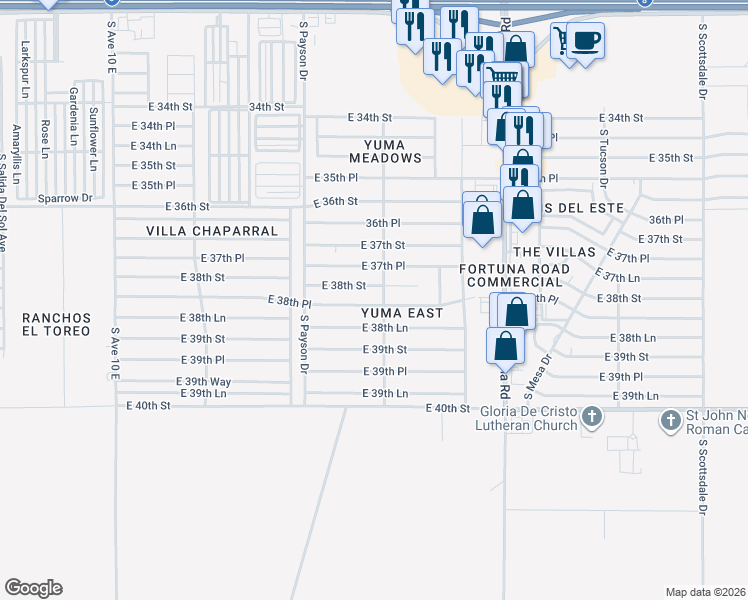 map of restaurants, bars, coffee shops, grocery stores, and more near 10614-10626 East 38th Place in Yuma