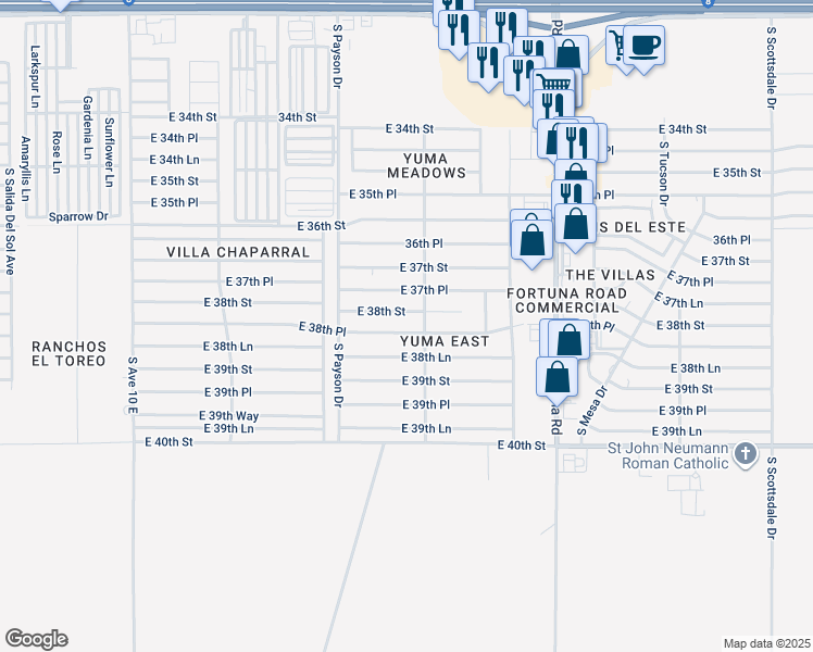 map of restaurants, bars, coffee shops, grocery stores, and more near 10626 East 38th Place in Yuma