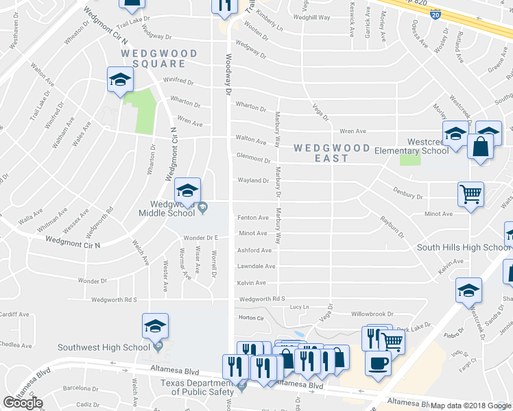 map of restaurants, bars, coffee shops, grocery stores, and more near 3821 Wilkie Way in Fort Worth