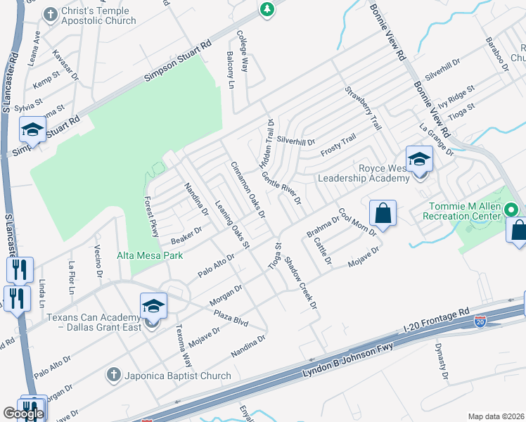 map of restaurants, bars, coffee shops, grocery stores, and more near 6510 Cinnamon Oaks Drive in Dallas